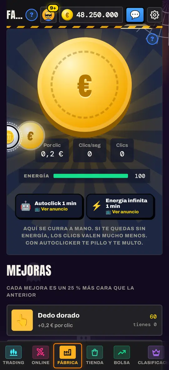 Moneda, barra de energía y mejoras de la Fábrica