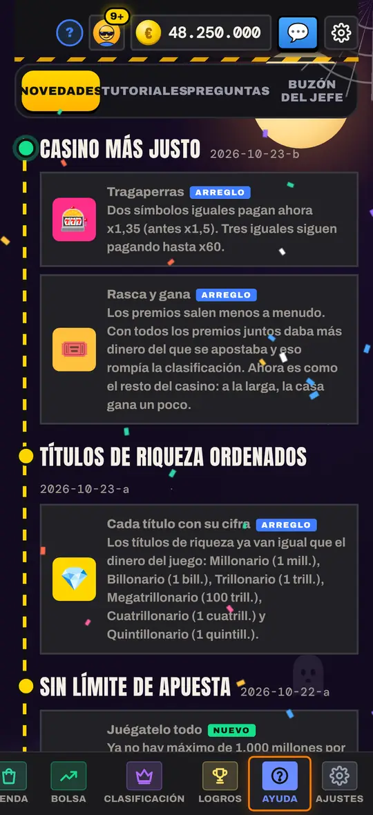 Novedades dentro de la sección Ayuda de Casinetori