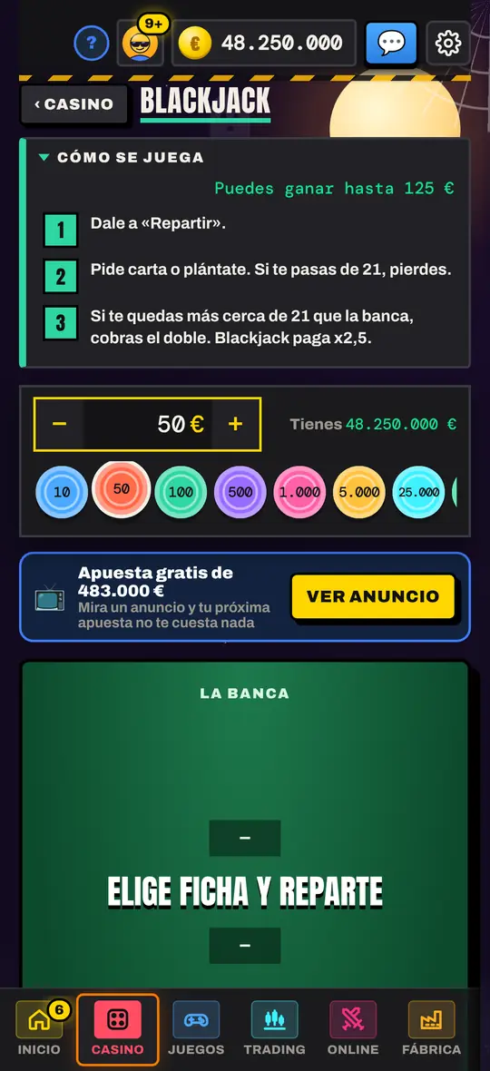 Pantalla de Blackjack en Casinetori