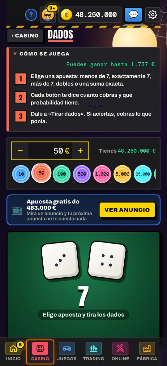 Dos dados y opciones de apuesta ficticia