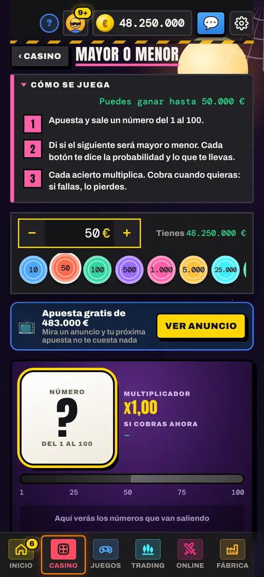 Pantalla de Mayor o menor en Casinetori