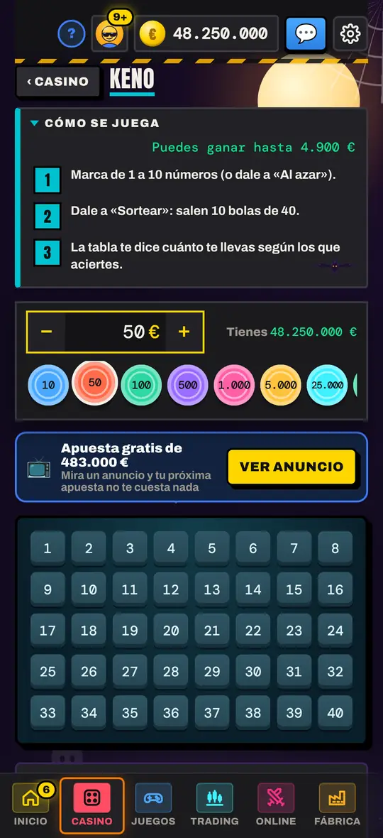 Pantalla de Keno en Casinetori