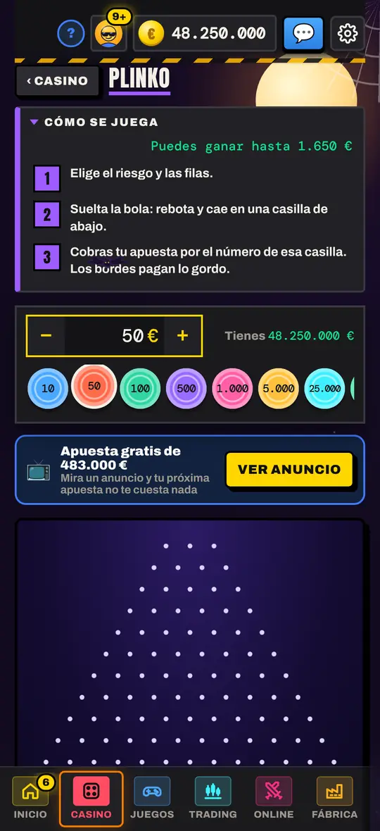 Pantalla de Plinko en Casinetori