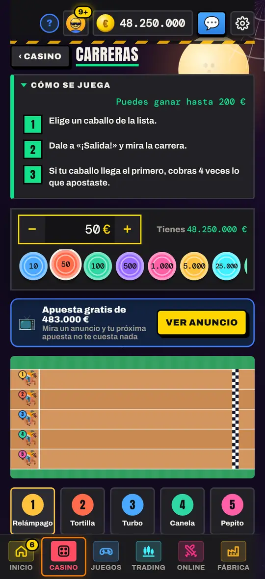Pantalla de Carreras en Casinetori