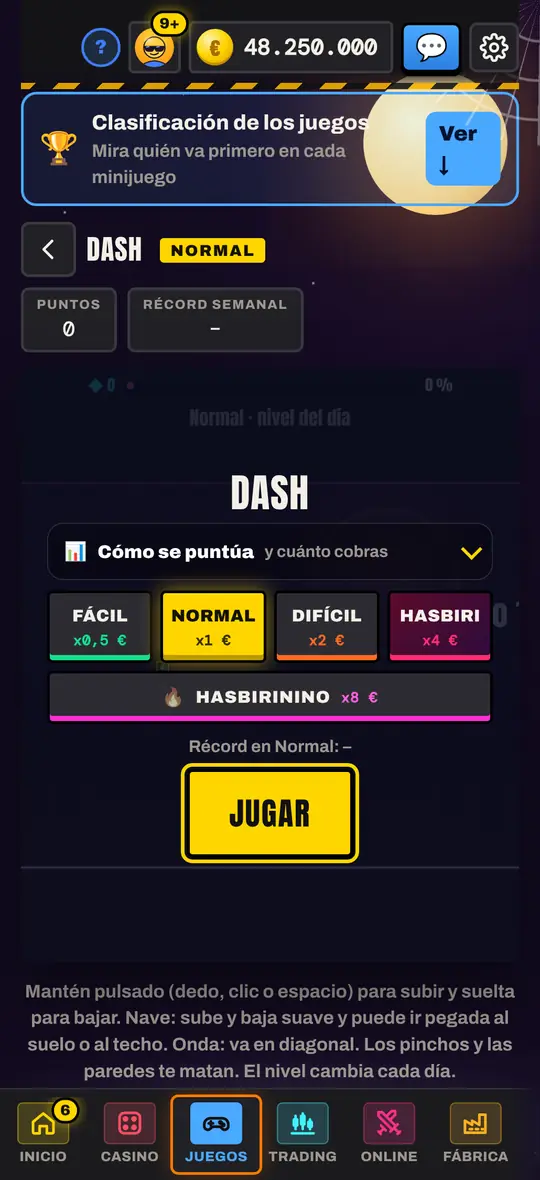 Selección de dificultad y controles de Dash