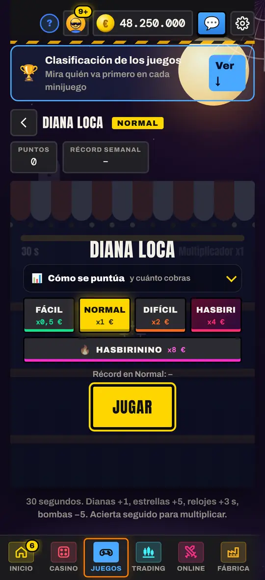 Selección de dificultad y controles de Diana Loca