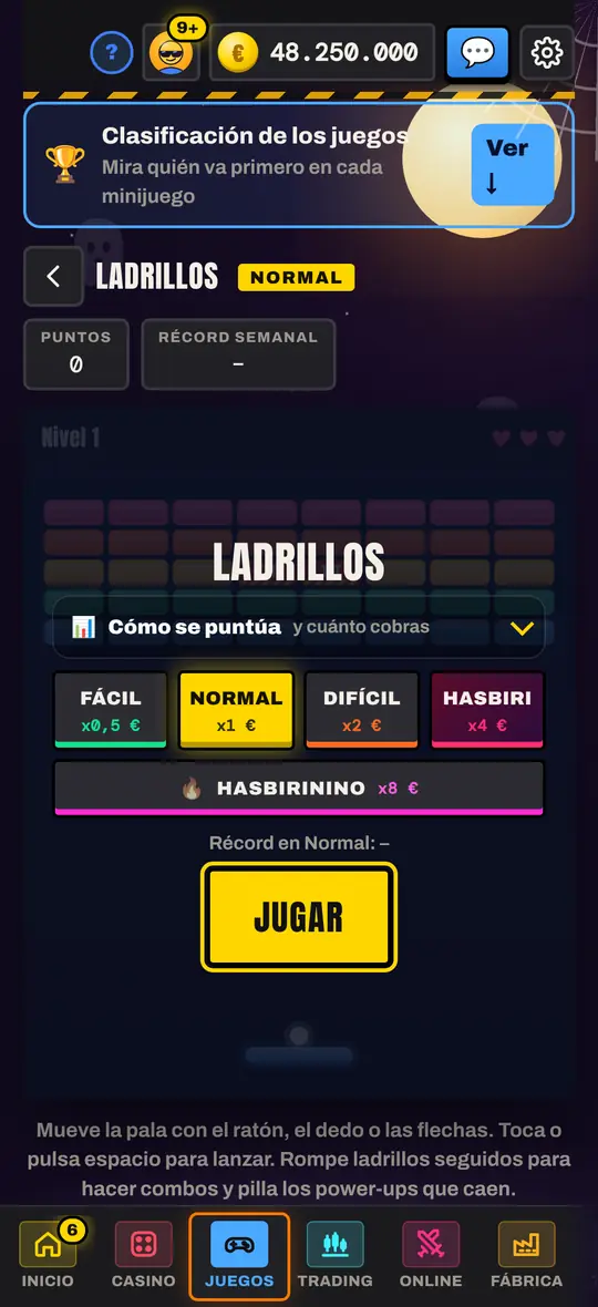 Selección de dificultad y controles de Ladrillos