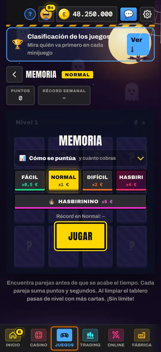 Selección de dificultad y controles de Memoria