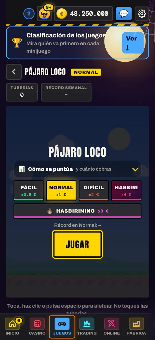 Selección de dificultad y controles de Pájaro Loco