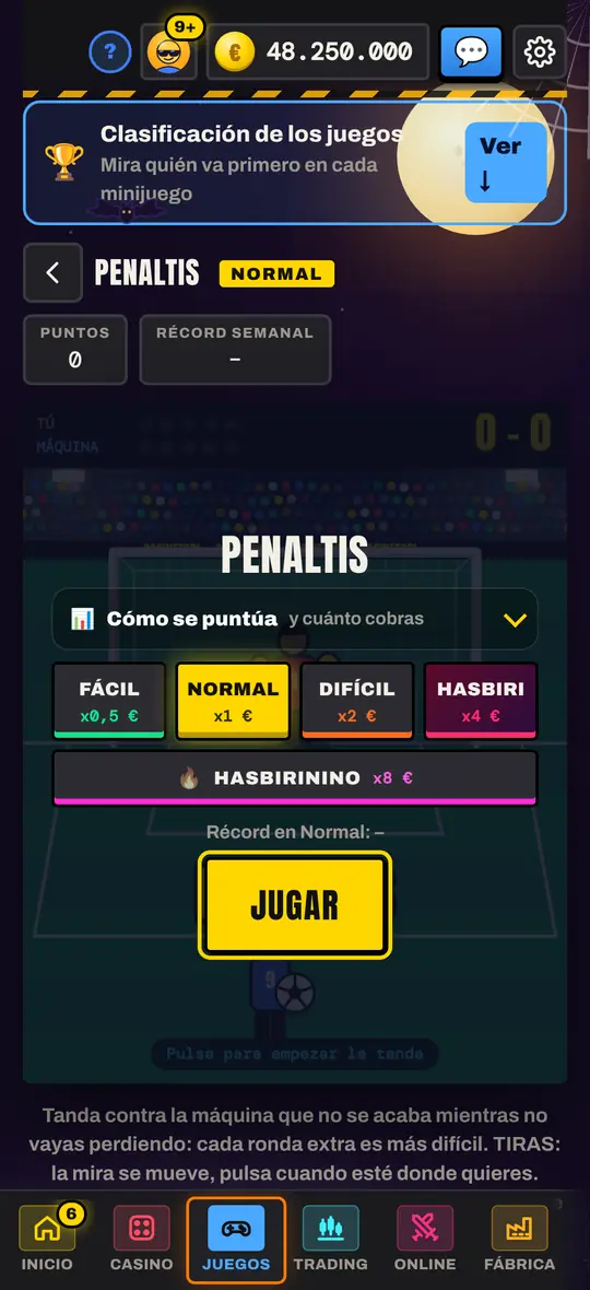 Selección de dificultad y controles de Penaltis