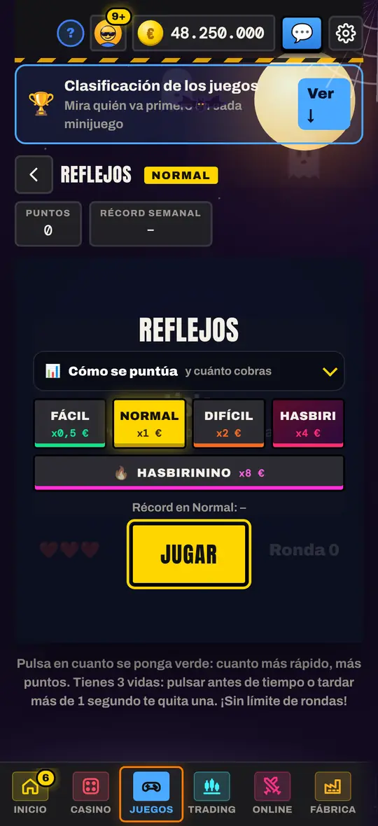 Selección de dificultad y controles de Reflejos