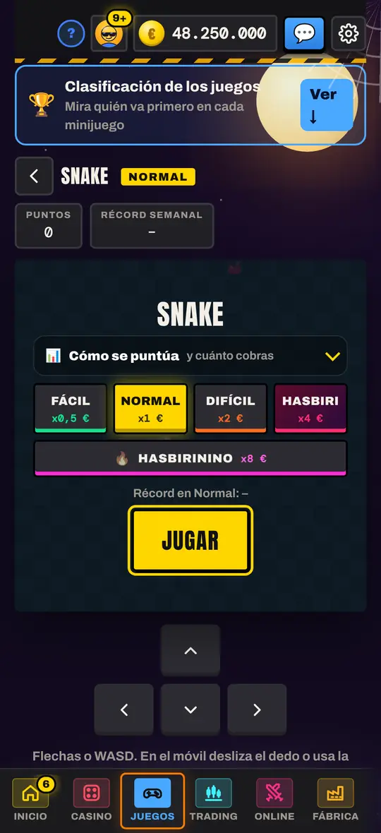 Selección de dificultad y controles de Snake